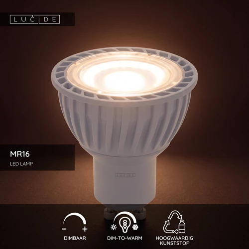 Lucide MR16 - Led lamp - Ø 5 cm - LED Dim to warm - GU10 (MR16) - 1x5W 2200K/3000K - Wit - USP